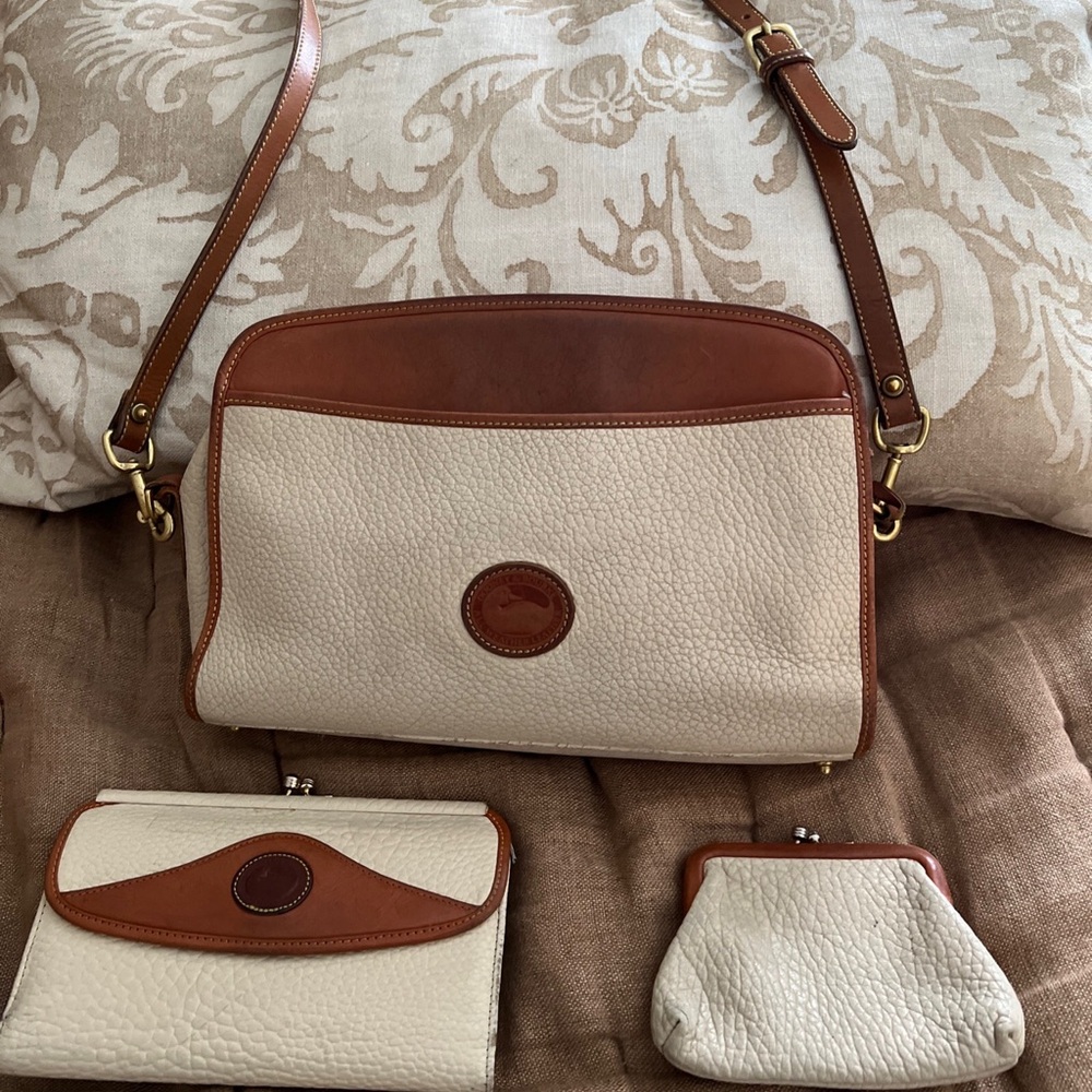 Dooney & Bourke Cream and Brown Crossbody Bag with Wallet and coin purse set